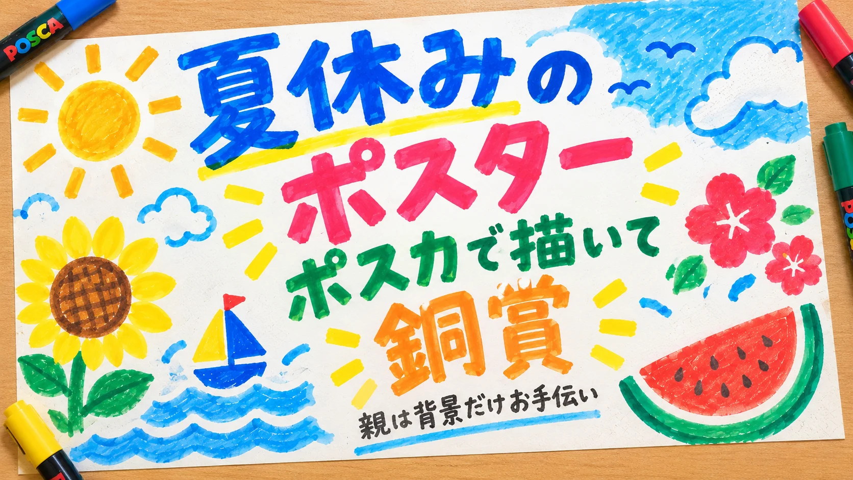 ポスカで描いた夏の絵と「夏休みのポスター ポスカで描いて銅賞 親は背景だけお手伝い」の文字